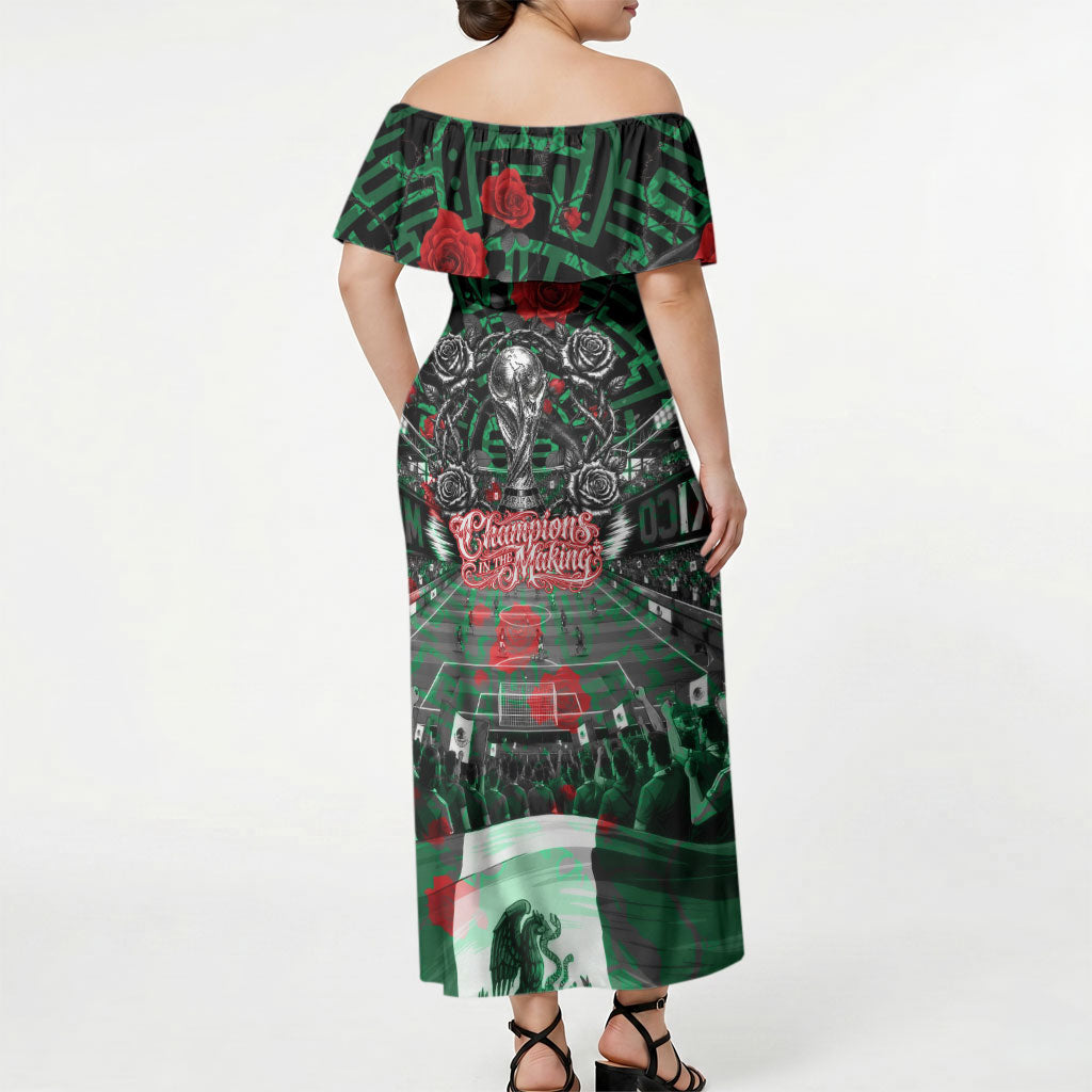 Mexico Football Golden Eagle Champions Off Shoulder Maxi Dress Aztec Geometric Pattern Red Rose
