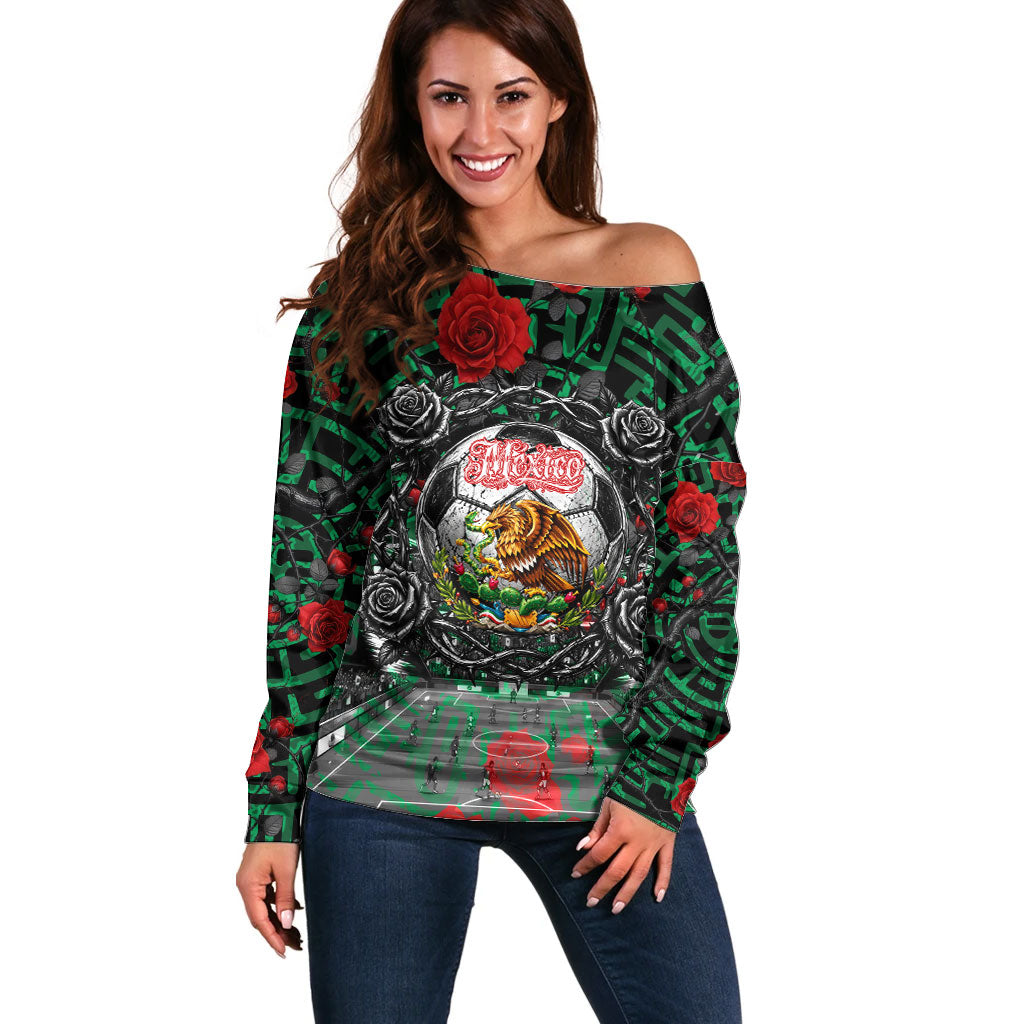 Mexico Football Golden Eagle Champions Off Shoulder Sweater Aztec Geometric Pattern Red Rose