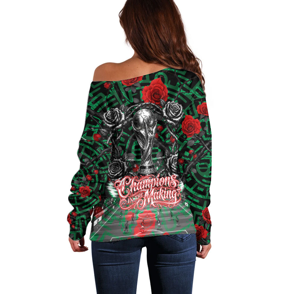 Mexico Football Golden Eagle Champions Off Shoulder Sweater Aztec Geometric Pattern Red Rose