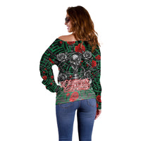 Mexico Football Golden Eagle Champions Off Shoulder Sweater Aztec Geometric Pattern Red Rose