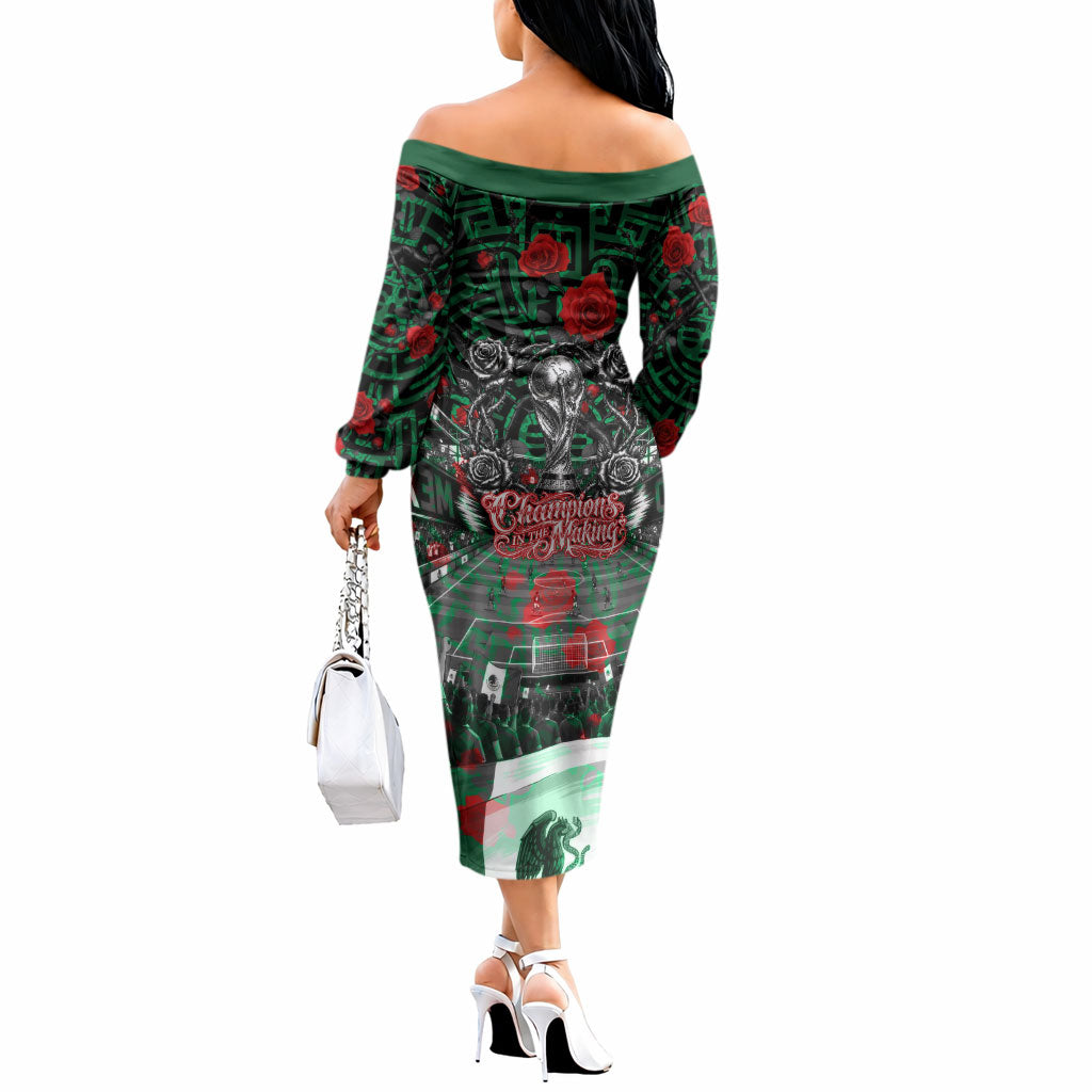 Mexico Football Golden Eagle Champions Off The Shoulder Long Sleeve Dress Aztec Geometric Pattern Red Rose