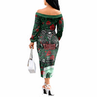 Mexico Football Golden Eagle Champions Off The Shoulder Long Sleeve Dress Aztec Geometric Pattern Red Rose