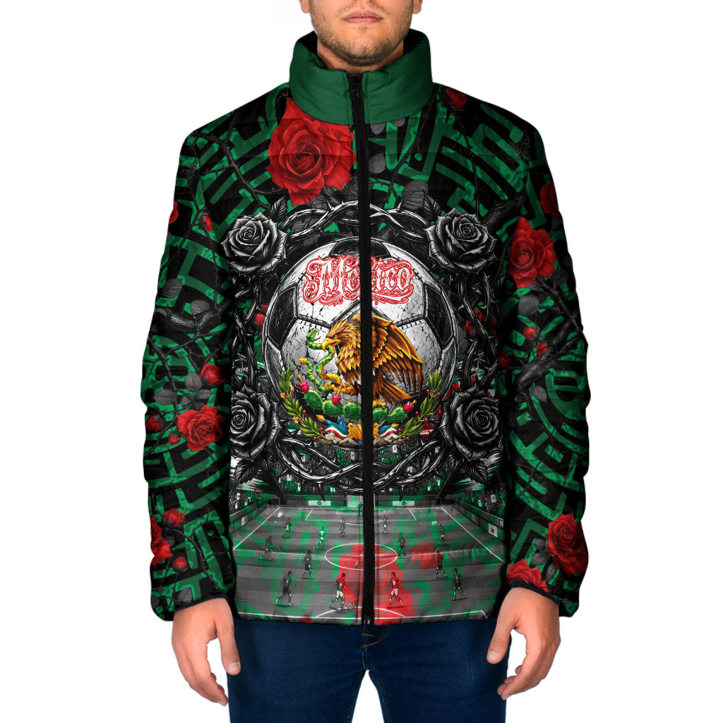 Mexico Football Golden Eagle Champions Padded Jacket Aztec Geometric Pattern Red Rose