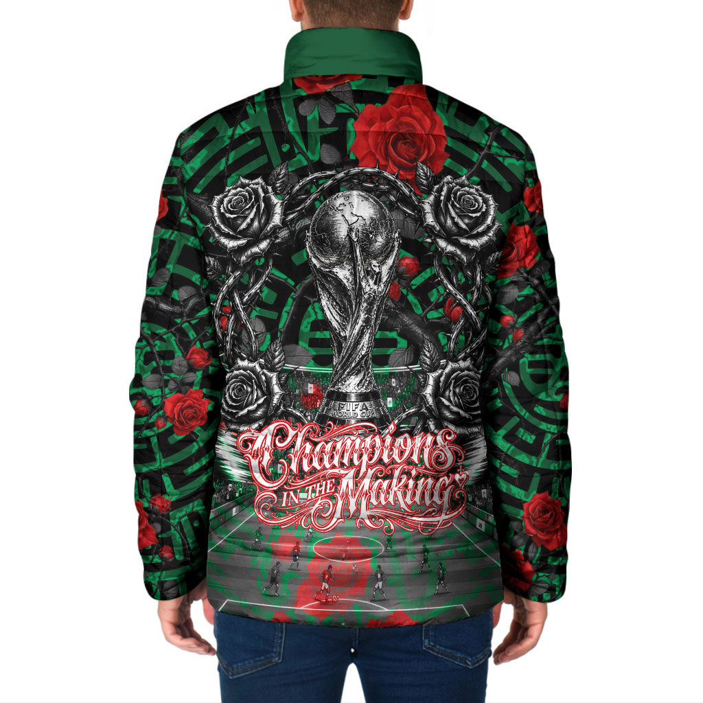 Mexico Football Golden Eagle Champions Padded Jacket Aztec Geometric Pattern Red Rose