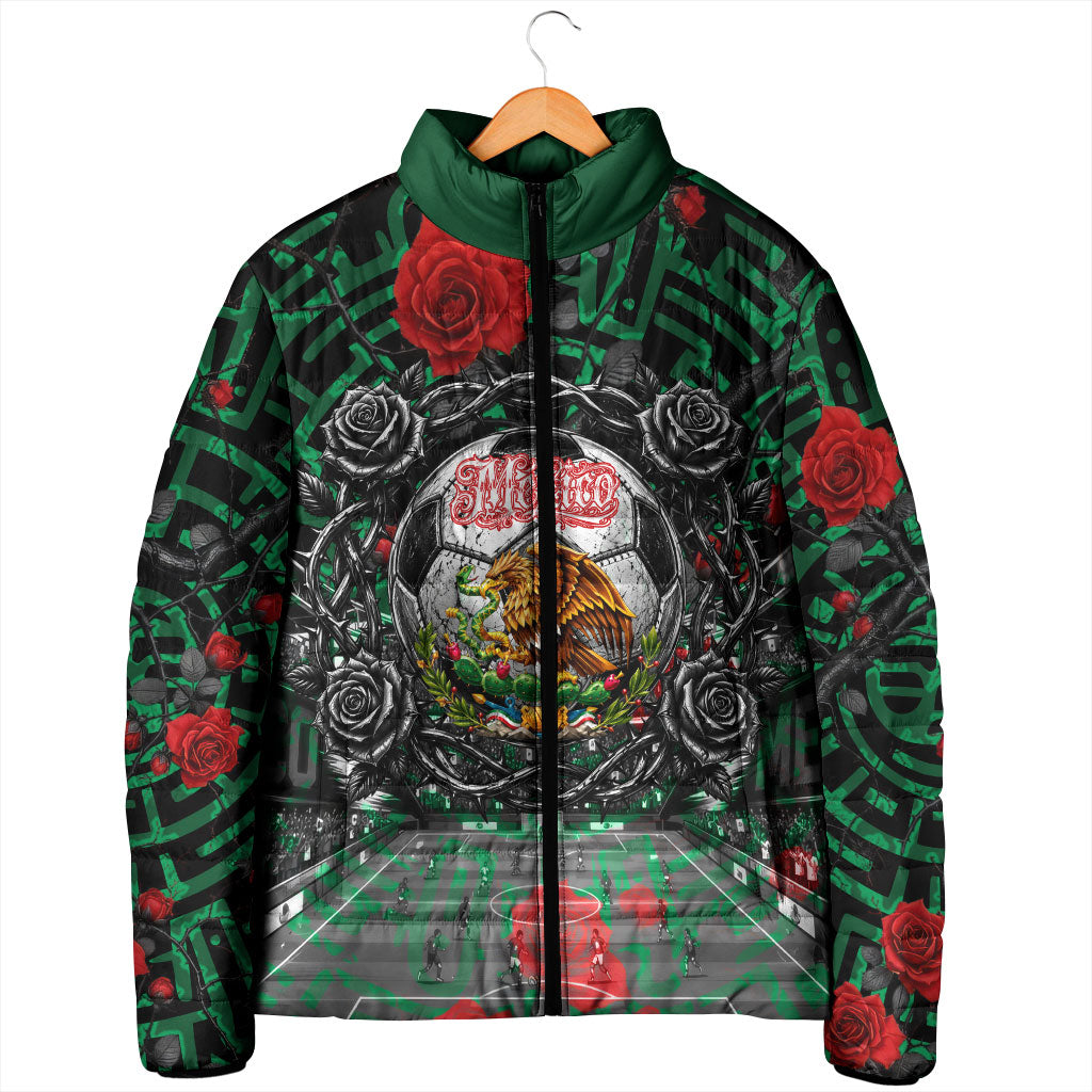 Mexico Football Golden Eagle Champions Padded Jacket Aztec Geometric Pattern Red Rose