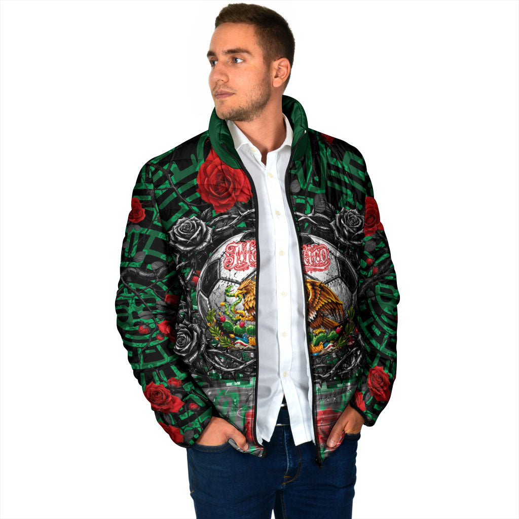 Mexico Football Golden Eagle Champions Padded Jacket Aztec Geometric Pattern Red Rose