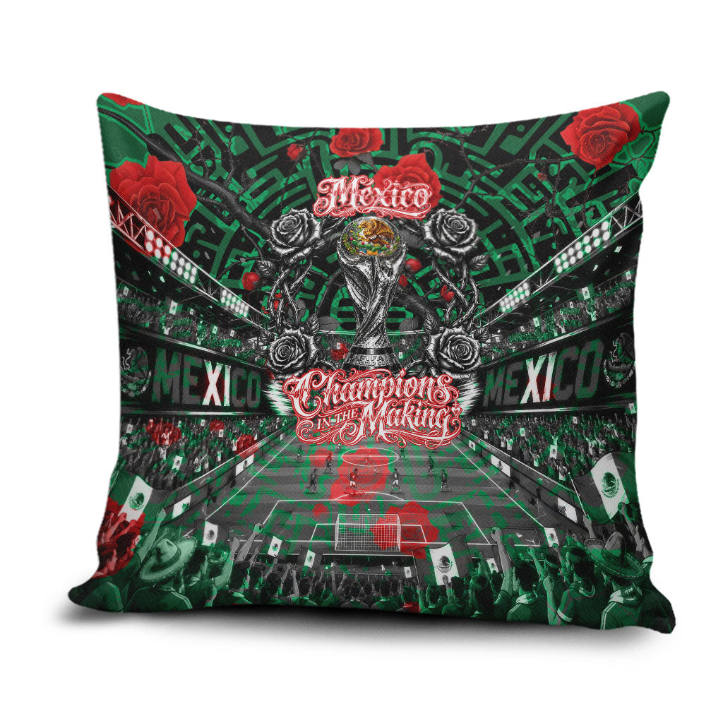 Mexico Football Golden Eagle Champions Pillow Cover Aztec Geometric Pattern Red Rose