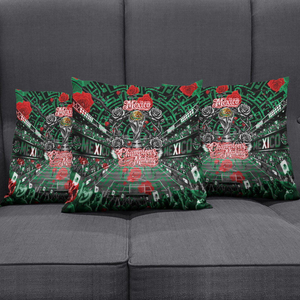 Mexico Football Golden Eagle Champions Pillow Cover Aztec Geometric Pattern Red Rose