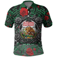 Mexico Football Golden Eagle Champions Polo Shirt Aztec Geometric Pattern Red Rose