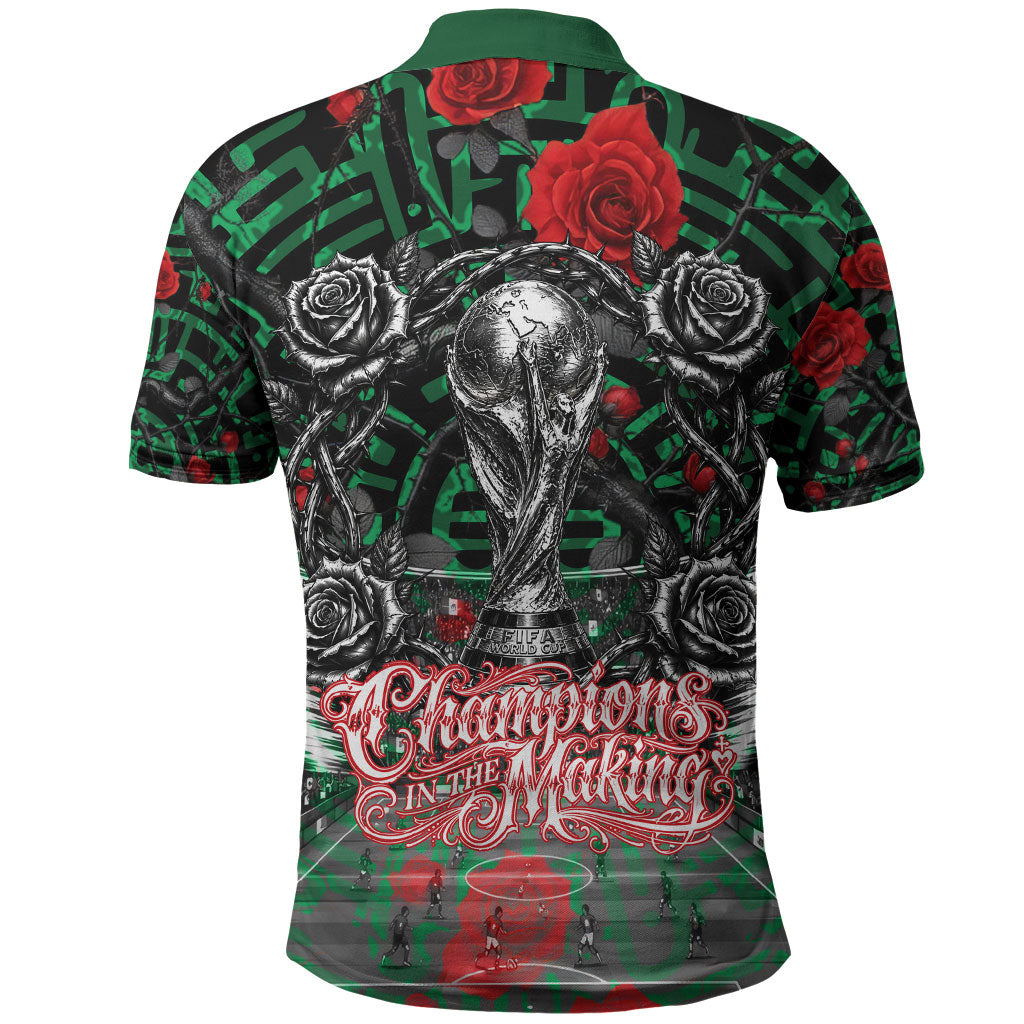 Mexico Football Golden Eagle Champions Polo Shirt Aztec Geometric Pattern Red Rose