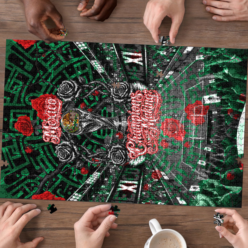 Mexico Football Golden Eagle Champions Puzzle Aztec Geometric Pattern Red Rose