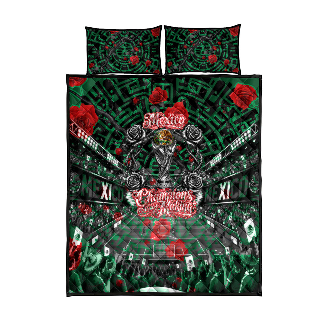 Mexico Football Golden Eagle Champions Quilt Bed Set Aztec Geometric Pattern Red Rose