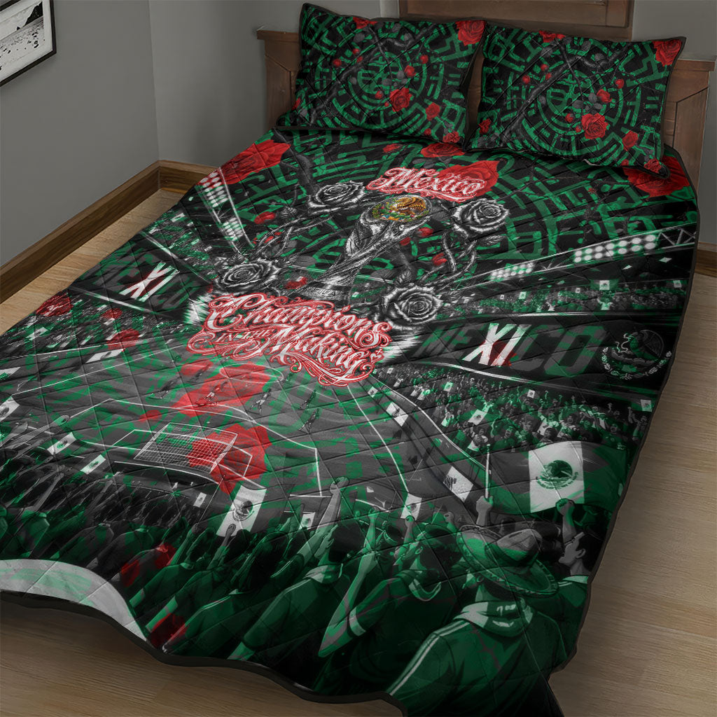 Mexico Football Golden Eagle Champions Quilt Bed Set Aztec Geometric Pattern Red Rose