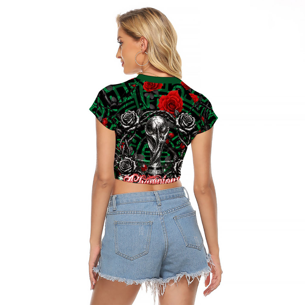Mexico Football Golden Eagle Champions Raglan Cropped T Shirt Aztec Geometric Pattern Red Rose