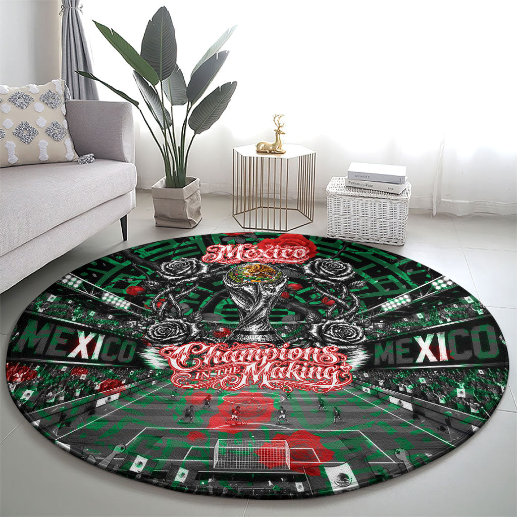 Mexico Football Golden Eagle Champions Round Carpet Aztec Geometric Pattern Red Rose