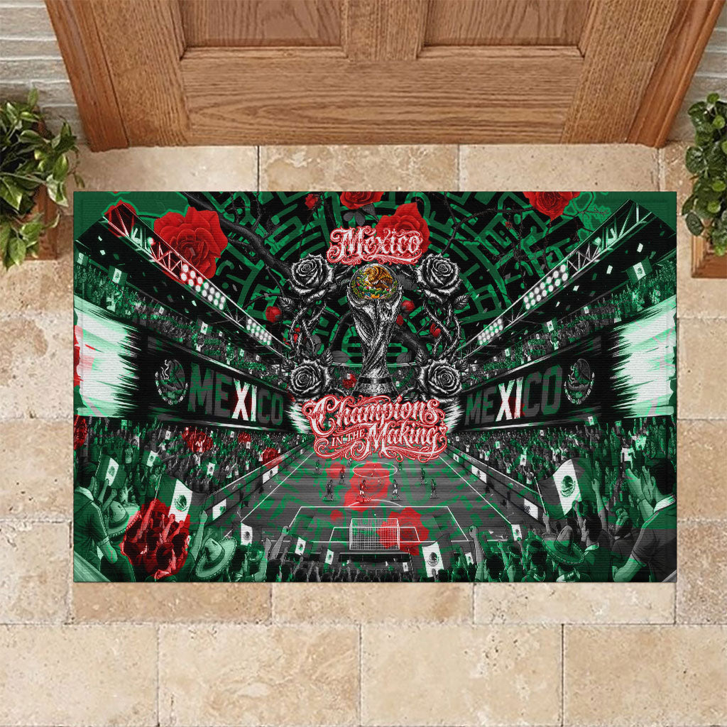 Mexico Football Golden Eagle Champions Rubber Doormat Aztec Geometric Pattern Red Rose