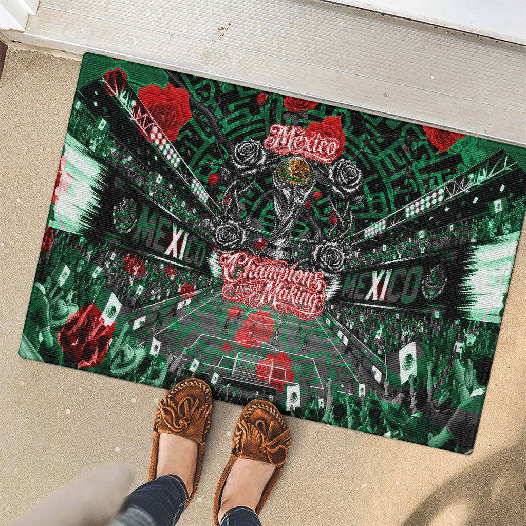 Mexico Football Golden Eagle Champions Rubber Doormat Aztec Geometric Pattern Red Rose