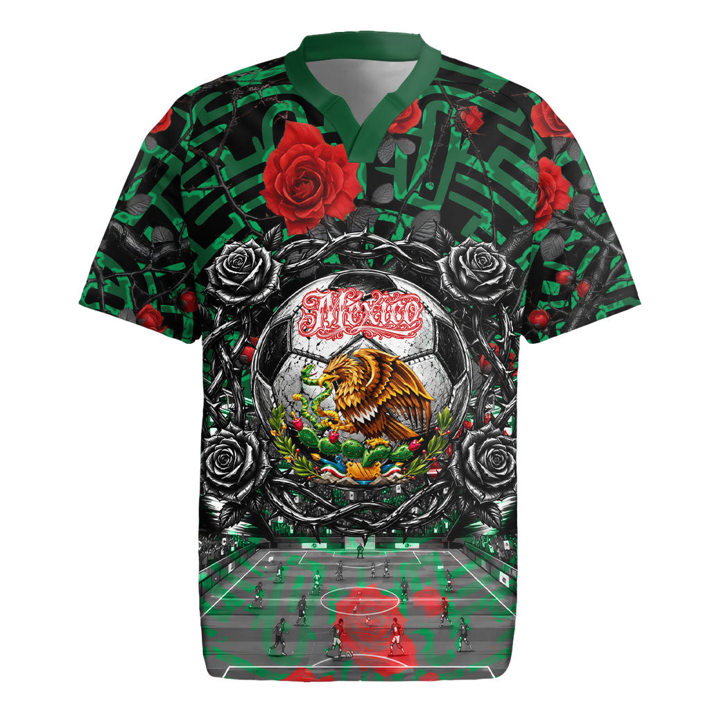 Mexico Football Golden Eagle Champions Rugby Jersey Aztec Geometric Pattern Red Rose