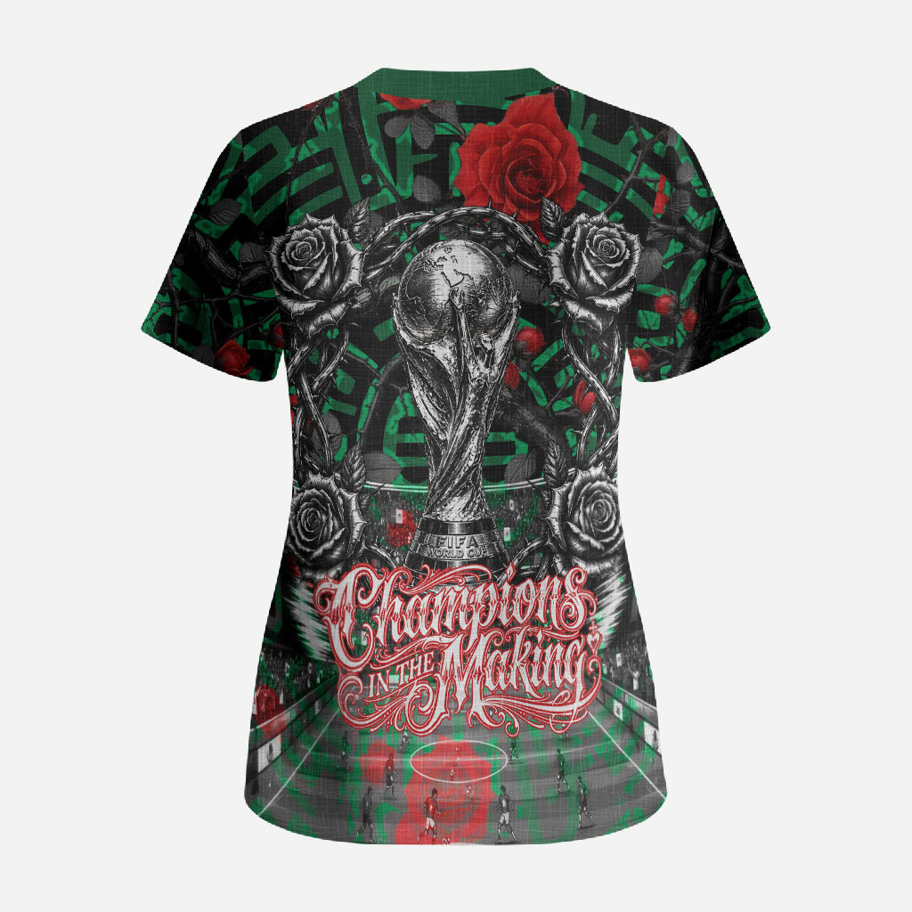 Mexico Football Golden Eagle Champions Scrub Top Aztec Geometric Pattern Red Rose