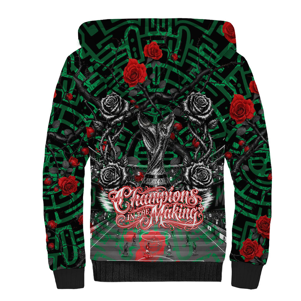 Mexico Football Golden Eagle Champions Sherpa Hoodie Aztec Geometric Pattern Red Rose