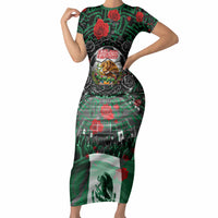 Mexico Football Golden Eagle Champions Short Sleeve Bodycon Dress Aztec Geometric Pattern Red Rose