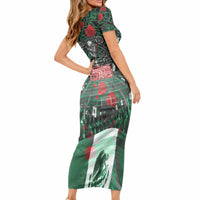 Mexico Football Golden Eagle Champions Short Sleeve Bodycon Dress Aztec Geometric Pattern Red Rose