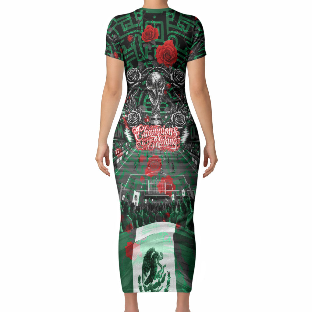 Mexico Football Golden Eagle Champions Short Sleeve Bodycon Dress Aztec Geometric Pattern Red Rose