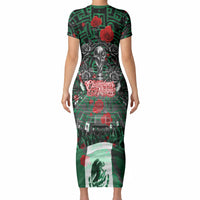 Mexico Football Golden Eagle Champions Short Sleeve Bodycon Dress Aztec Geometric Pattern Red Rose
