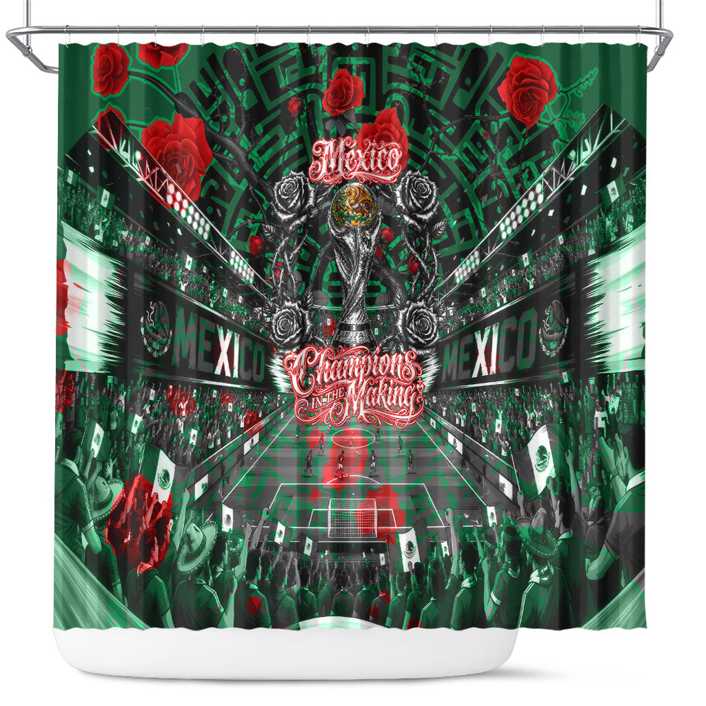 Mexico Football Golden Eagle Champions Shower Curtain Aztec Geometric Pattern Red Rose