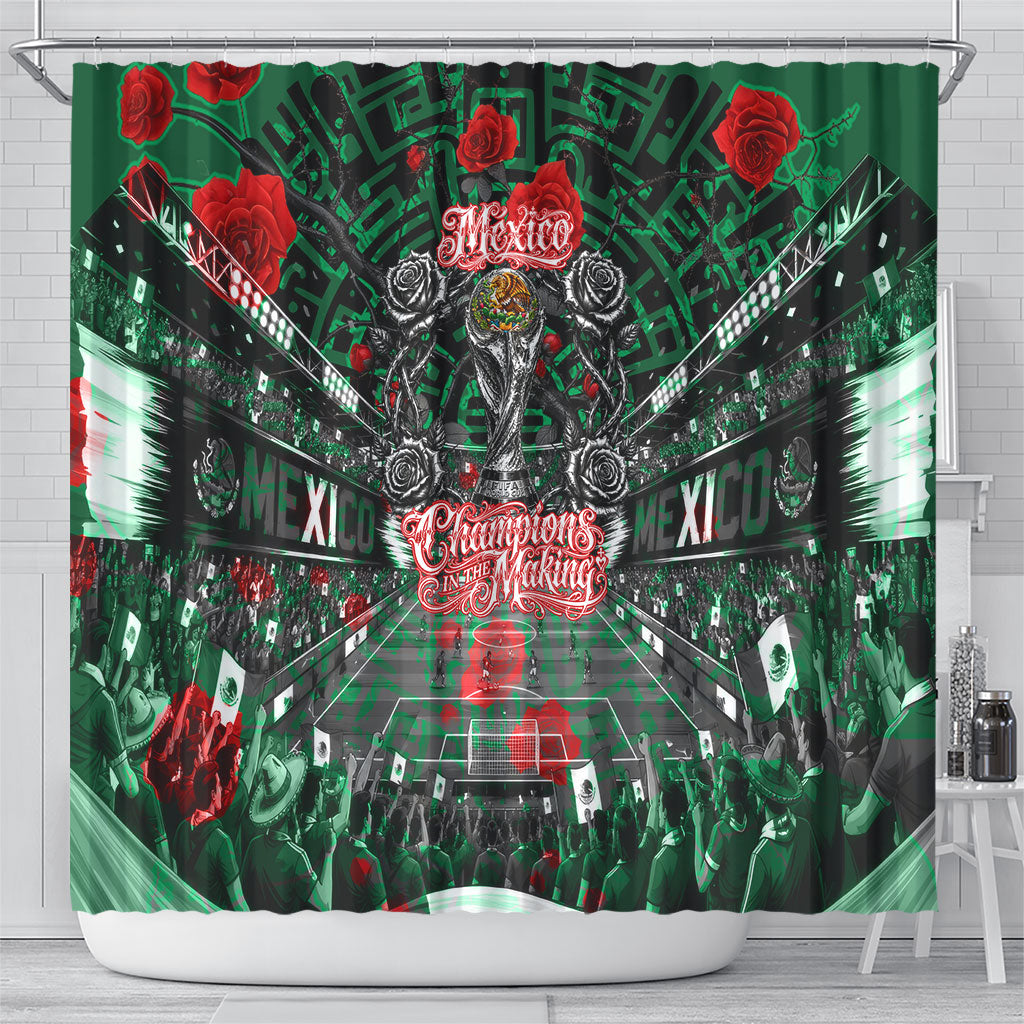 Mexico Football Golden Eagle Champions Shower Curtain Aztec Geometric Pattern Red Rose