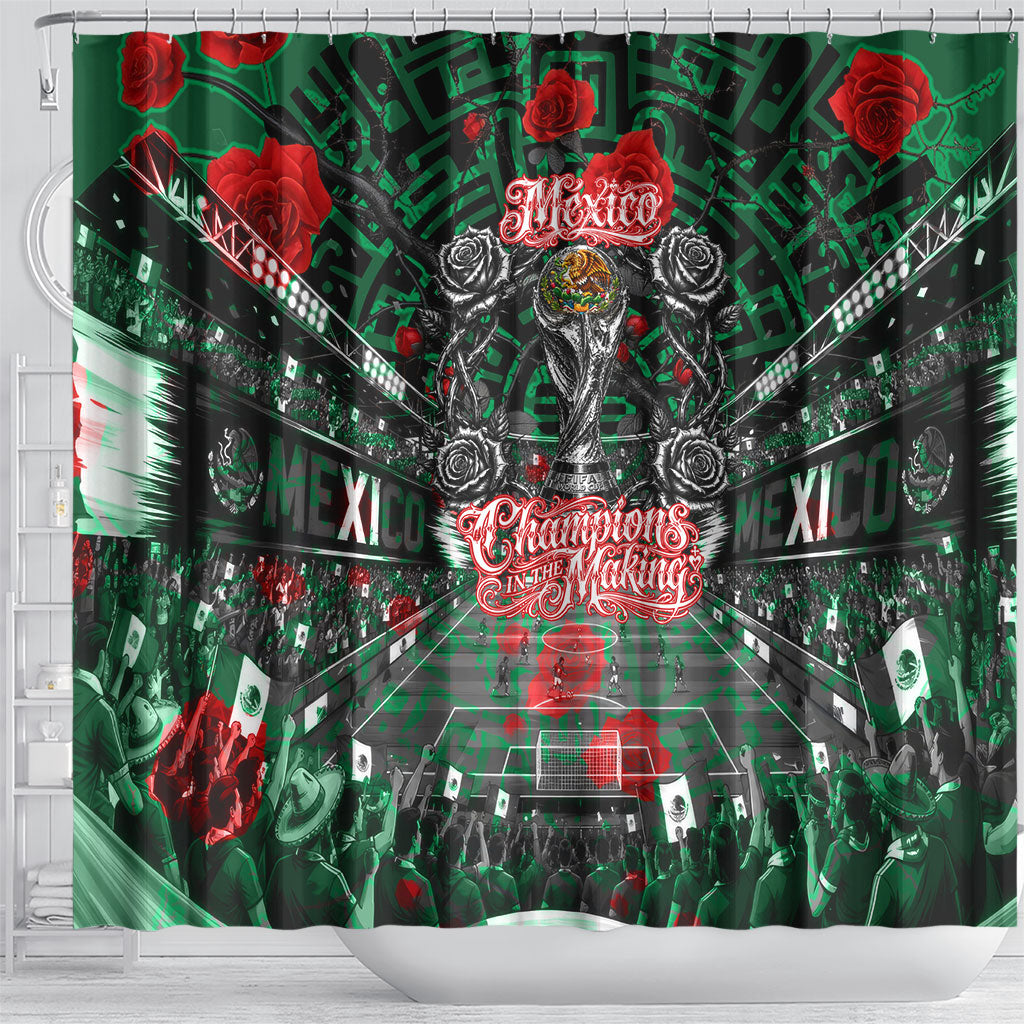 Mexico Football Golden Eagle Champions Shower Curtain Aztec Geometric Pattern Red Rose