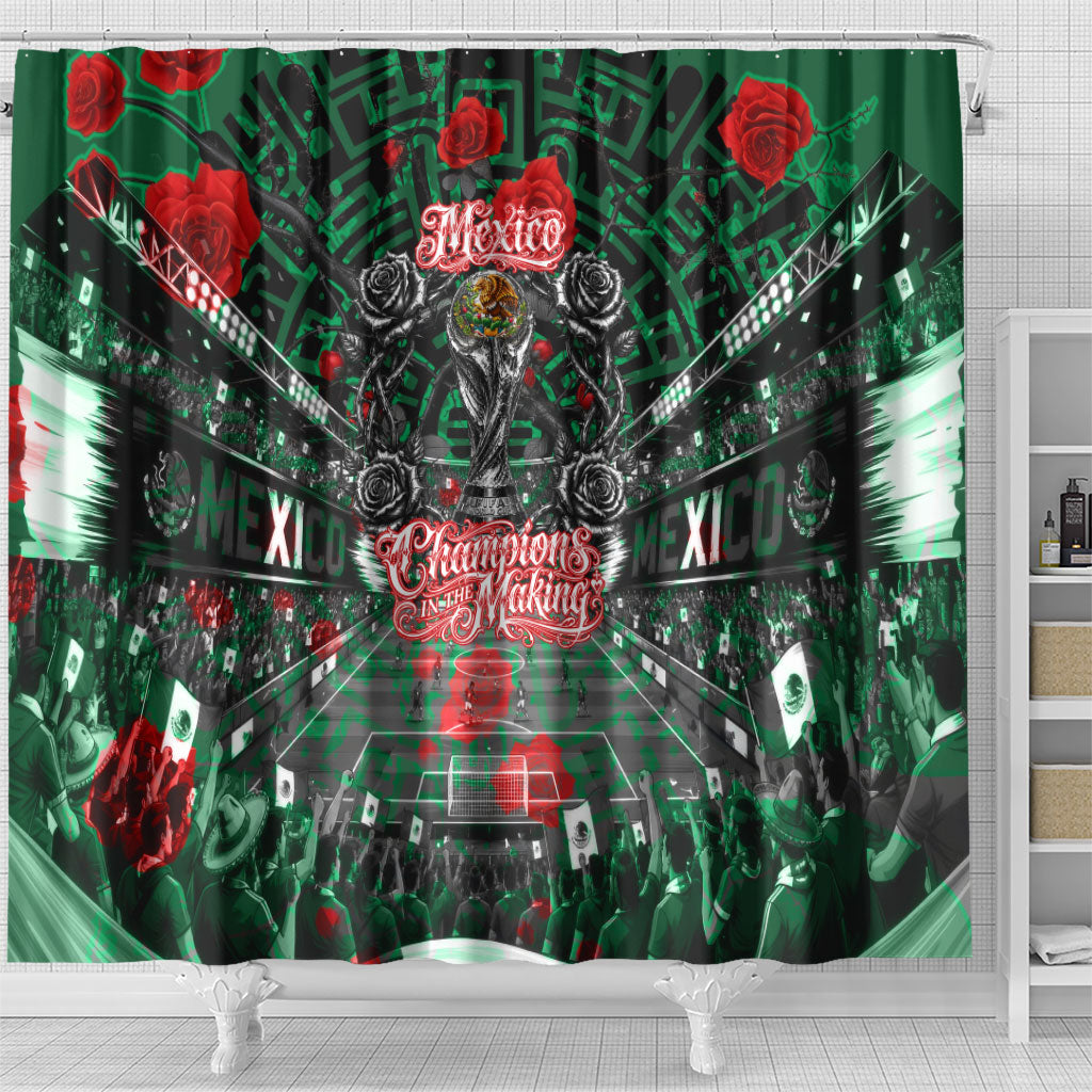 Mexico Football Golden Eagle Champions Shower Curtain Aztec Geometric Pattern Red Rose