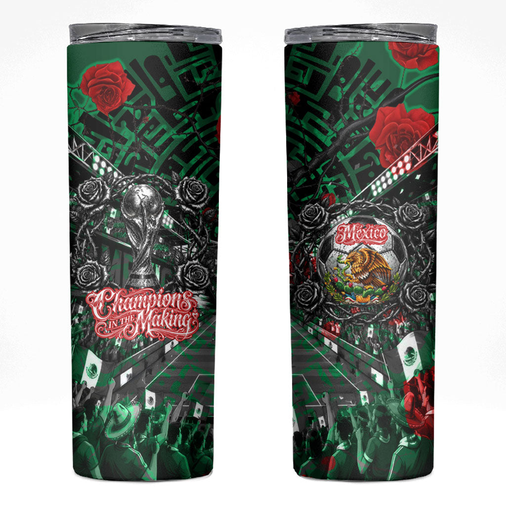 Mexico Football Golden Eagle Champions Skinny Tumbler Aztec Geometric Pattern Red Rose