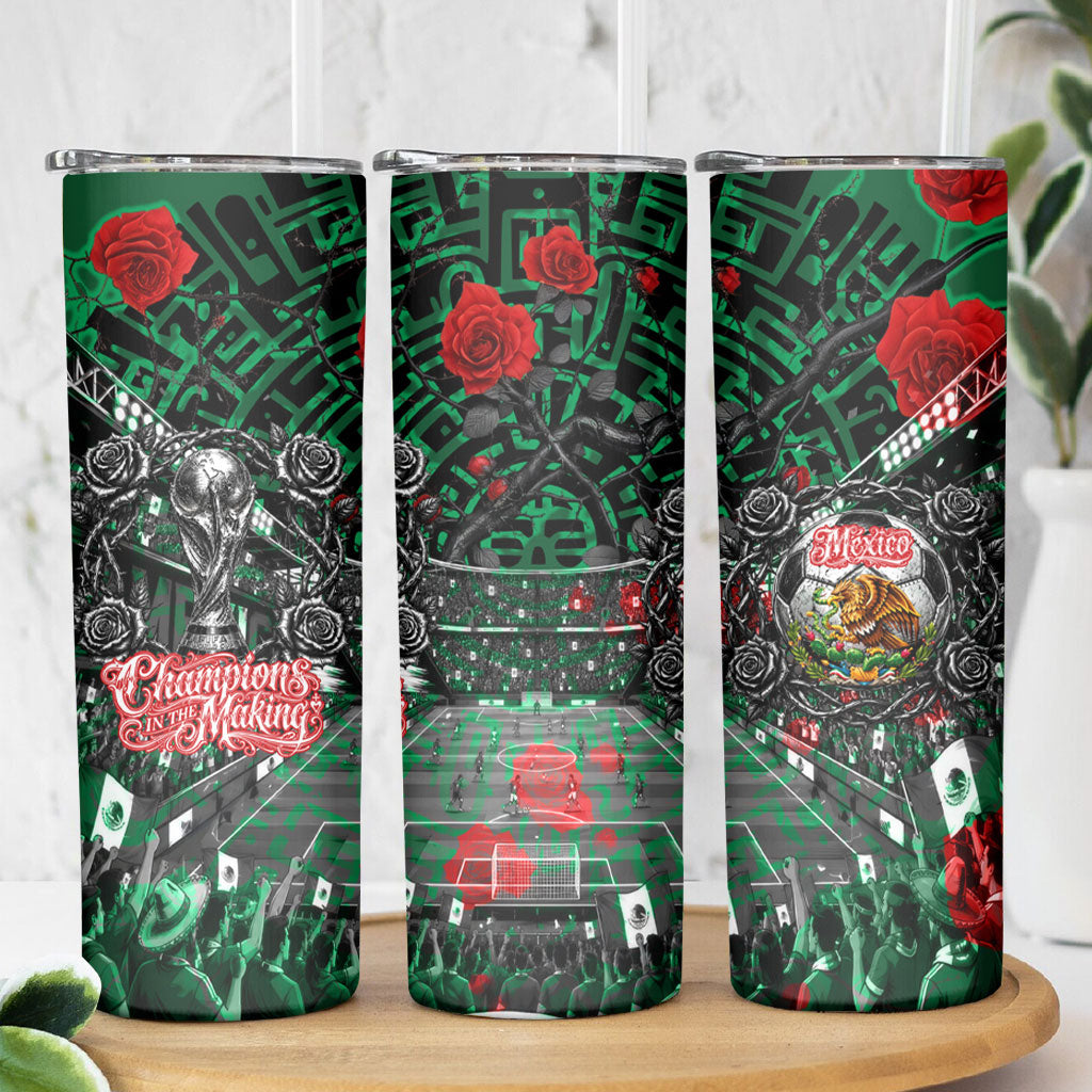Mexico Football Golden Eagle Champions Skinny Tumbler Aztec Geometric Pattern Red Rose