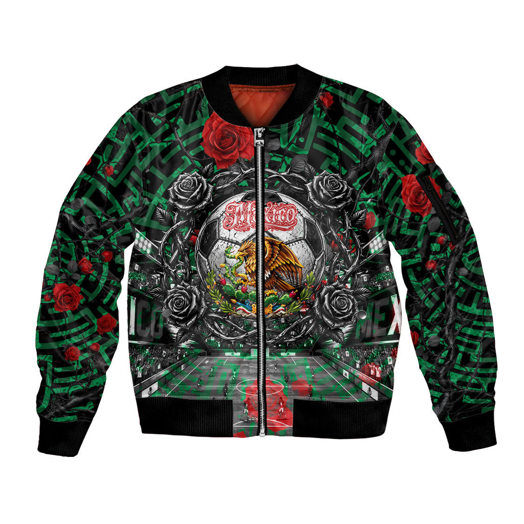 Mexico Football Golden Eagle Champions Sleeve Zip Bomber Jacket Aztec Geometric Pattern Red Rose