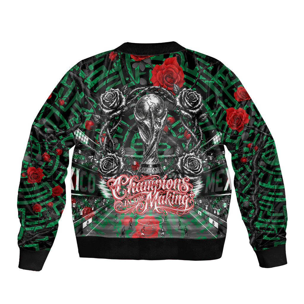 Mexico Football Golden Eagle Champions Sleeve Zip Bomber Jacket Aztec Geometric Pattern Red Rose