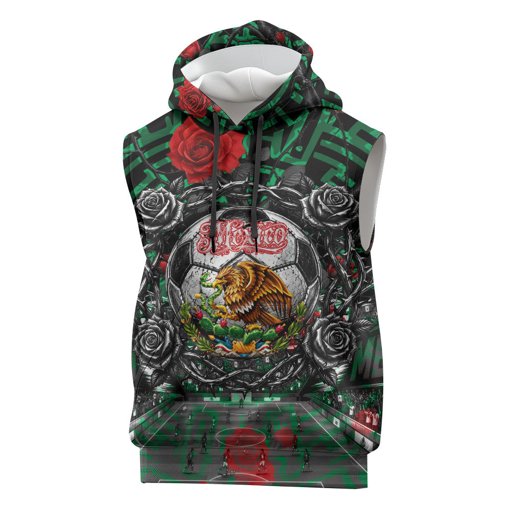 Mexico Football Golden Eagle Champions Sleeveless Hoodie Aztec Geometric Pattern Red Rose