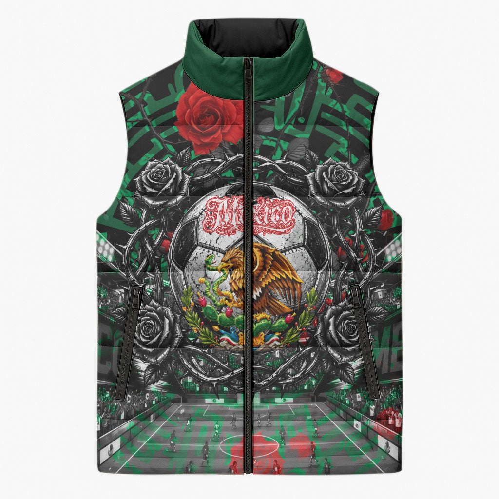 Mexico Football Golden Eagle Champions Sleeveless Puffer Jacket Aztec Geometric Pattern Red Rose