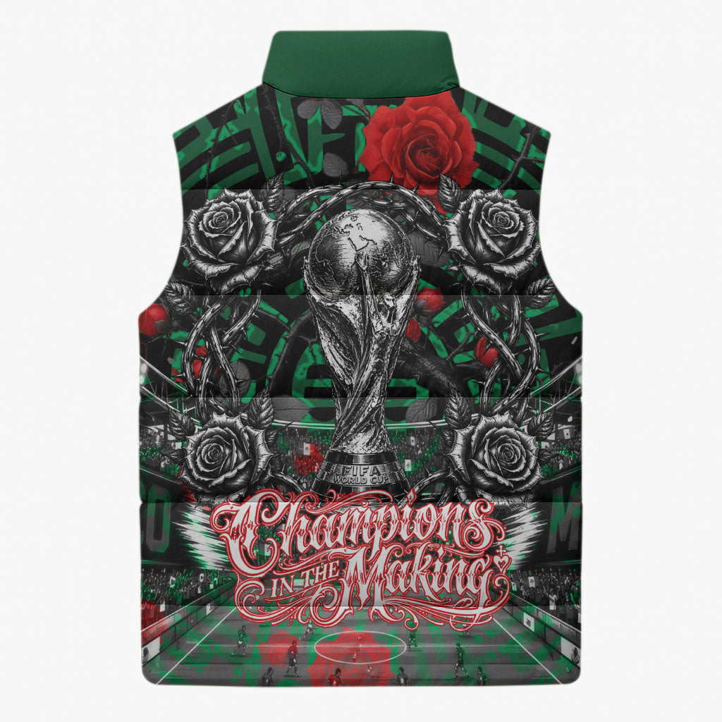 Mexico Football Golden Eagle Champions Sleeveless Puffer Jacket Aztec Geometric Pattern Red Rose