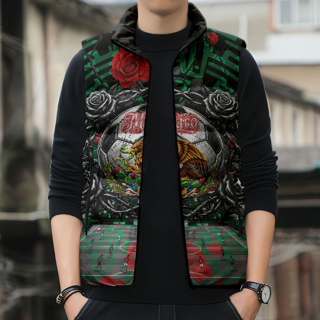 Mexico Football Golden Eagle Champions Sleeveless Puffer Jacket Aztec Geometric Pattern Red Rose