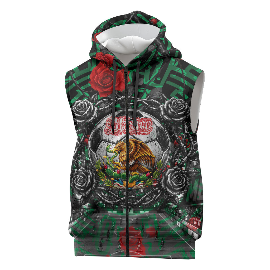 Mexico Football Golden Eagle Champions Sleeveless Zip Hoodie Aztec Geometric Pattern Red Rose