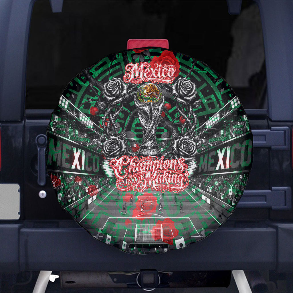 Mexico Football Golden Eagle Champions Spare Tire Cover Aztec Geometric Pattern Red Rose