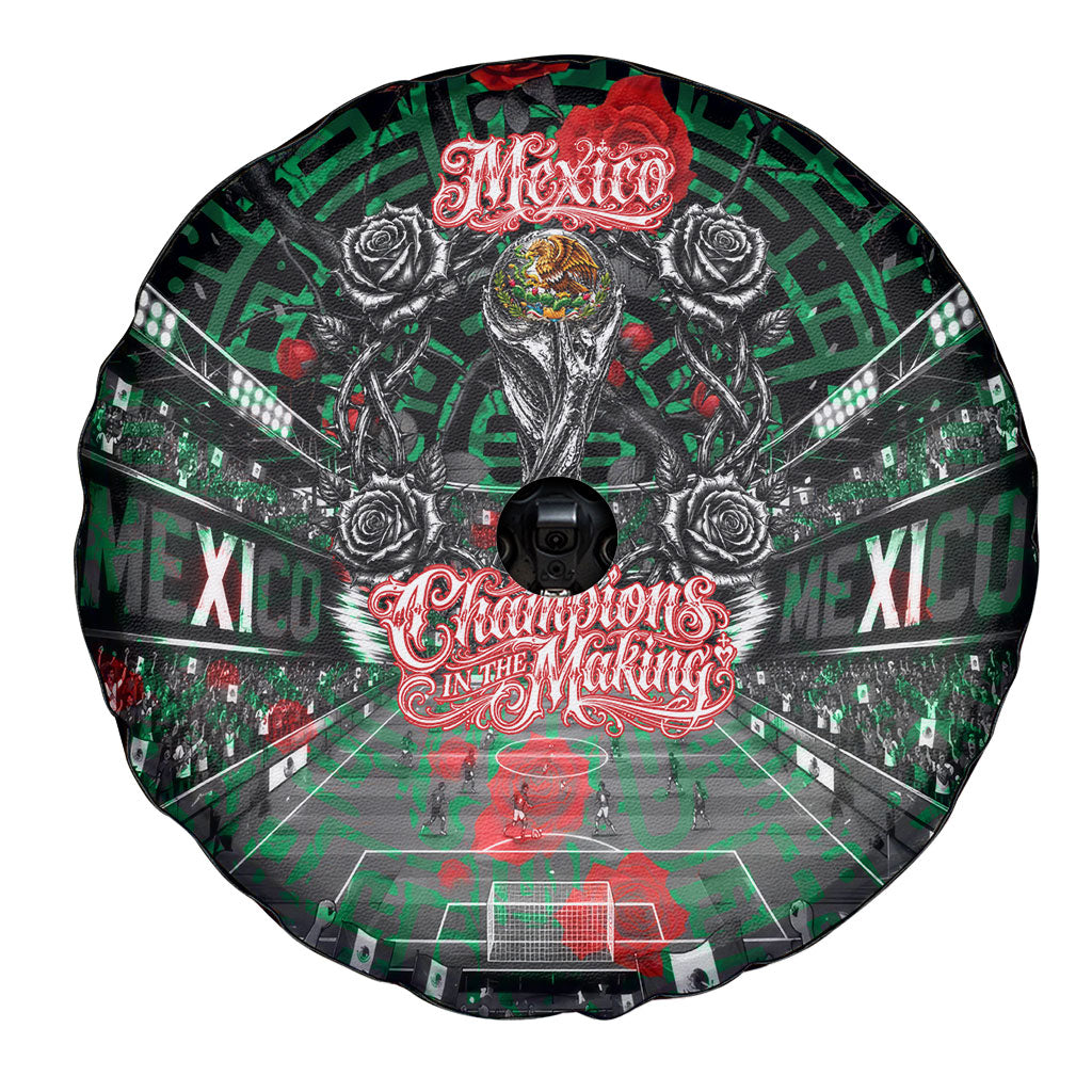 Mexico Football Golden Eagle Champions Spare Tire Cover Aztec Geometric Pattern Red Rose