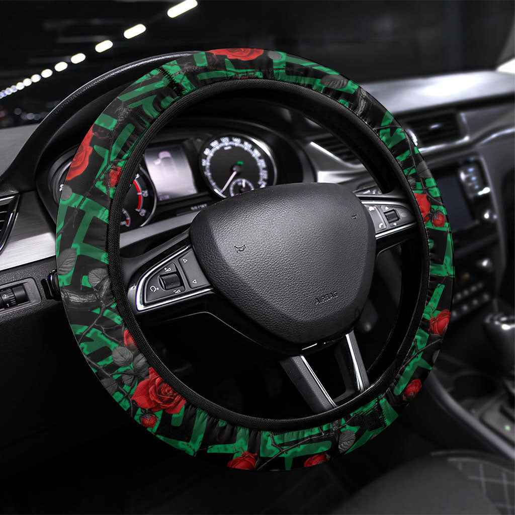 Mexico Football Golden Eagle Champions Steering Wheel Cover Aztec Geometric Pattern Red Rose