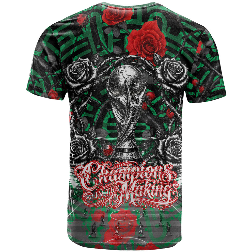 Mexico Football Golden Eagle Champions T Shirt Aztec Geometric Pattern Red Rose