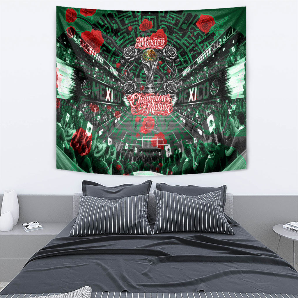 Mexico Football Golden Eagle Champions Tapestry Aztec Geometric Pattern Red Rose