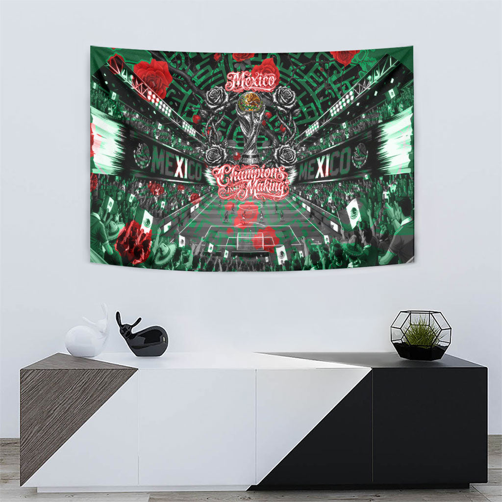 Mexico Football Golden Eagle Champions Tapestry Aztec Geometric Pattern Red Rose