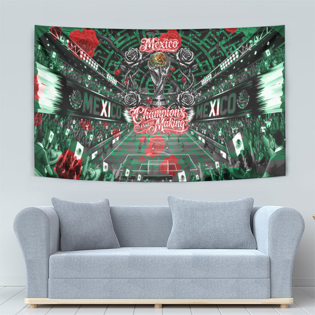 Mexico Football Golden Eagle Champions Tapestry Aztec Geometric Pattern Red Rose