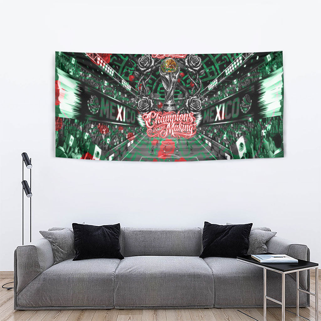 Mexico Football Golden Eagle Champions Tapestry Aztec Geometric Pattern Red Rose