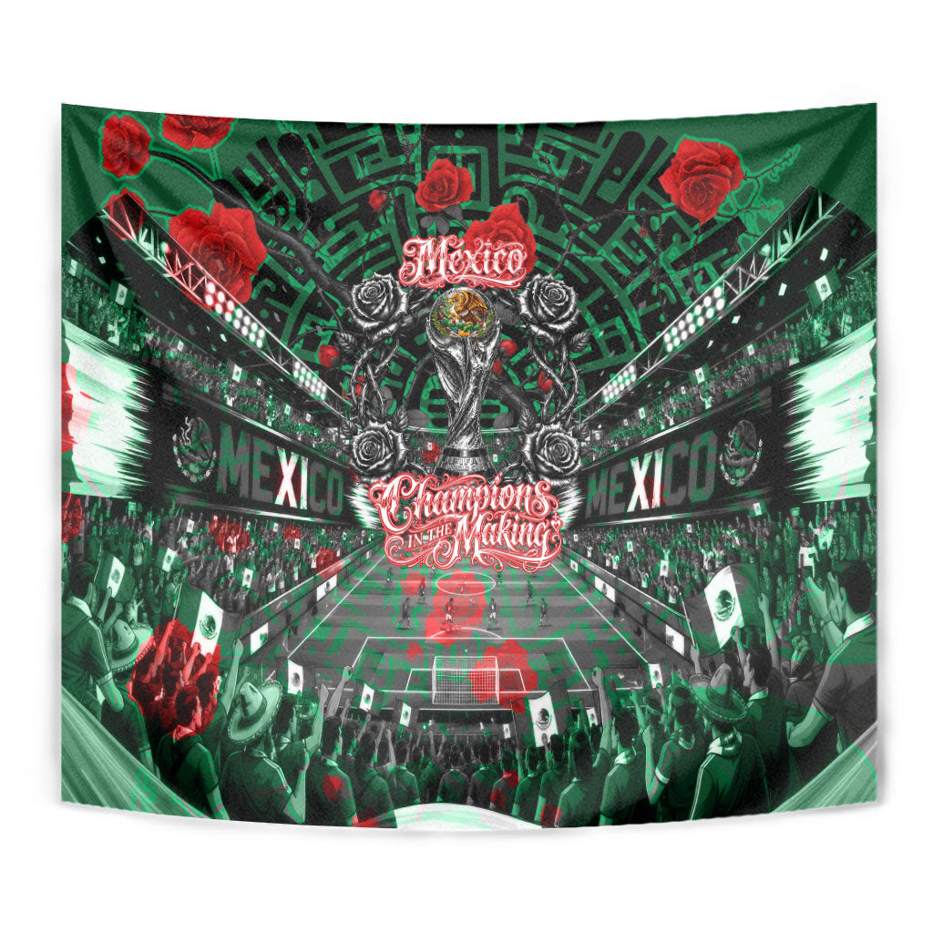 Mexico Football Golden Eagle Champions Tapestry Aztec Geometric Pattern Red Rose